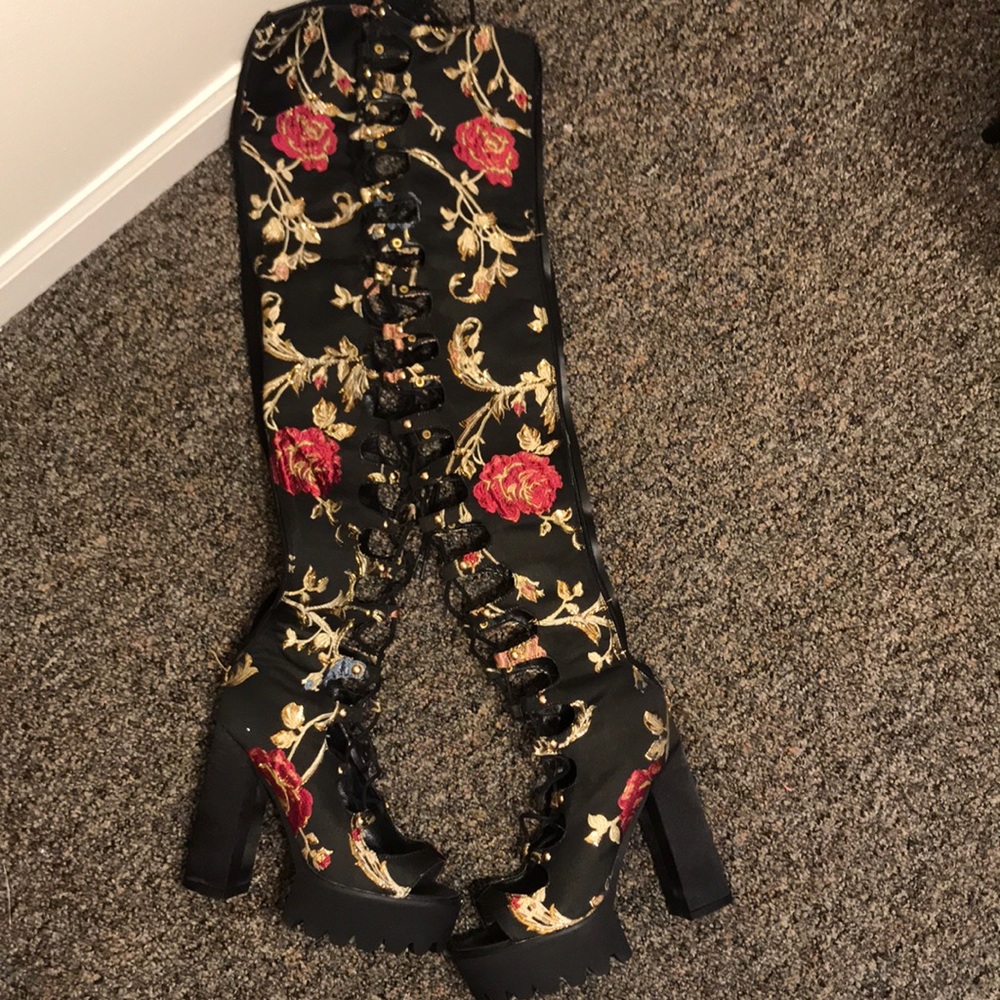 Floral platform over-the-knee boots
